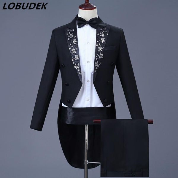

men's suits & blazers swallowtail stage costume black embroidery slim tailcoat suit magician club outfit prom host singer chorus dress, White;black