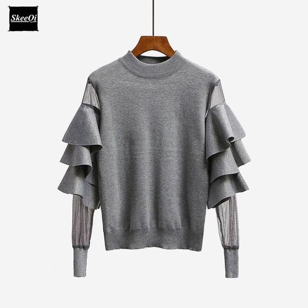 

2018 new autumn runway designer women sweater pullover ruffle mesh sheer knitted patchwork basic knitted sweaters pullovers1, White;black