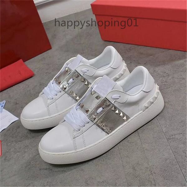 

2020 rockstud sneakers men's women's calfskin leather shoes platinum studded sneakers fashion lace-up casual shoes big size, Black