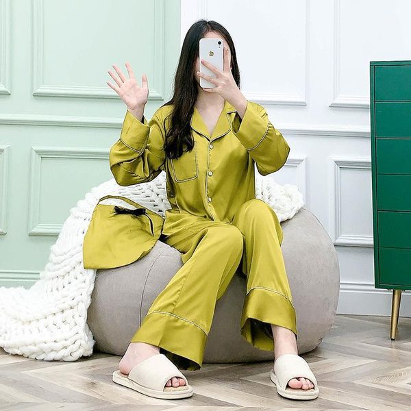 

autumn and winter silk pajamas long sleeve trousers home clothes set retro ladies pajama camisola bielizna nocna dormir 1, Black;red