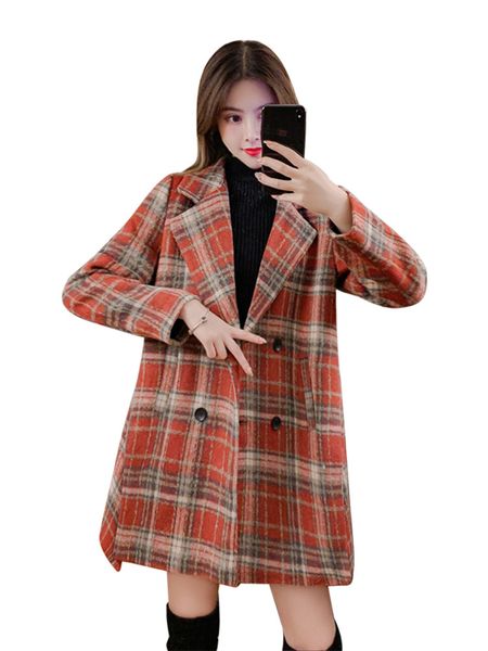 

mwinter 2020 new korean version of versatile medium length plaid casual suit collar woolen coat woman, Black