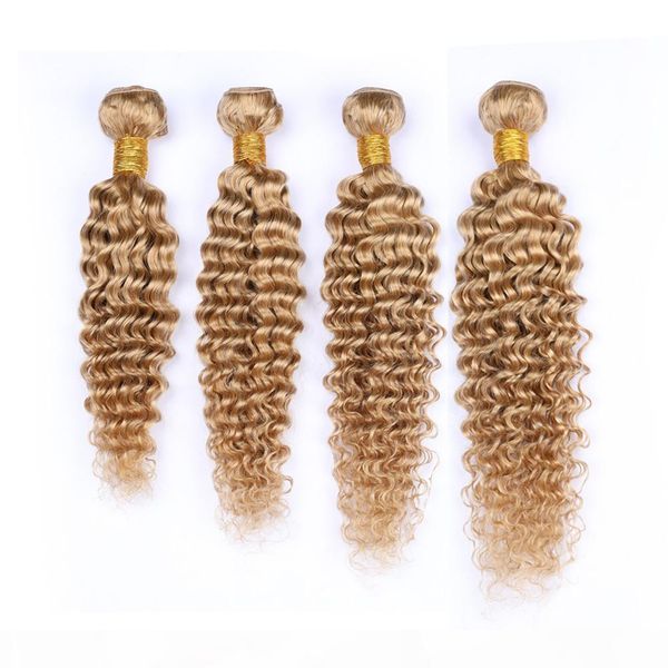 

#27 honey blonde deep wave indian virgin human hair 4 bundles strawberry blonde deep curly virgin human hair weave wefts mixed length, Black;brown