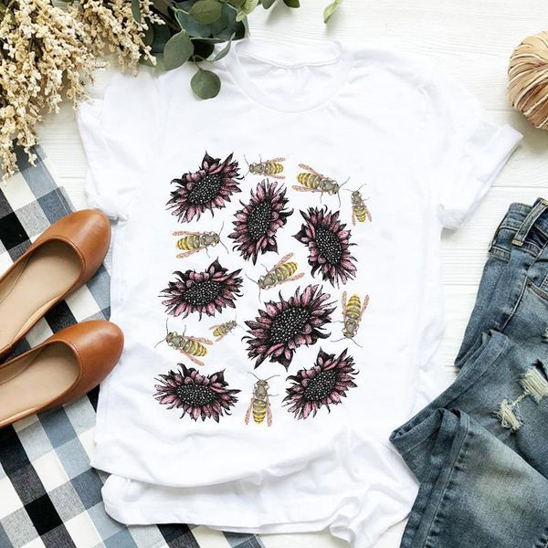 

женская леди напечатанный цветочный цветок мультфильм животных 90-х годов печати женские женские футболки женская рубашка одежда женская топ, White