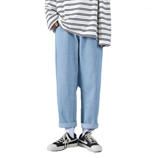

autumn and winter plush solid color wide leg jeans men straight-fit young men's trousers, Blue