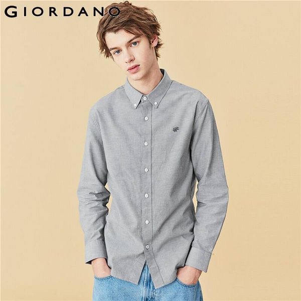 Giordano Homens Camiseta Rã Bordado Oxford Slim Camisa Homens 100% algodão clássico Abaixo Colar Camisa Masculina 01040478 C1210