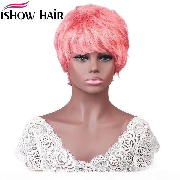 

ishow brazilian straight wave human hair wigs with bangs pink boy girl costume wigs peruvian colored none lace wig wet and wavy, Black;brown