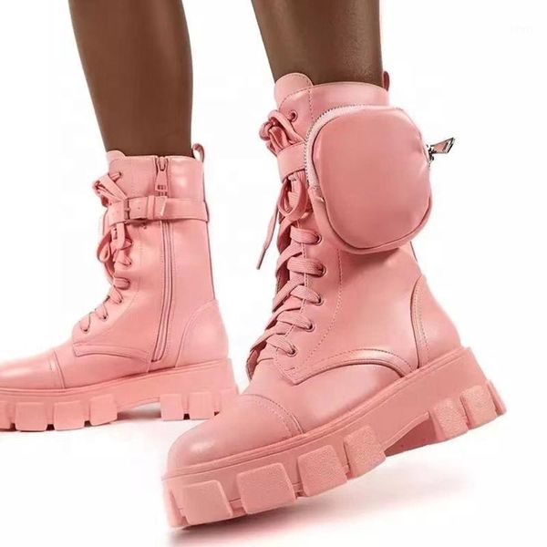 

candy color women short boots flat round toe mid-calf boots with pockets lace up side zipper booteis1, Black