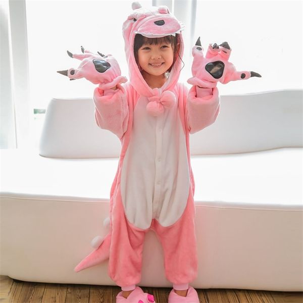 

kids christmas winter warm flannel dinosaur cartoon animal boy girl with hat new children's one-piece pajamas y200328, Blue;red