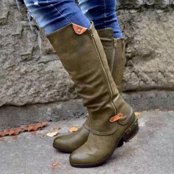 

boots women vintage mid-calf women's pu leather shoes ladies zip female fashion retro long woman low heels plus size 35-43, Black