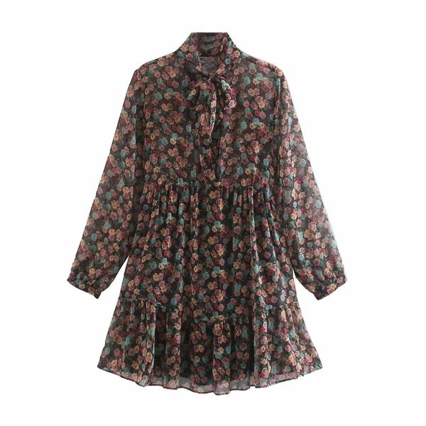 

2021 new women floral printed chiffon mini dress woman long sleeve pleated ruffle dresses vintage high neck with bow tied hfjj, Black;gray