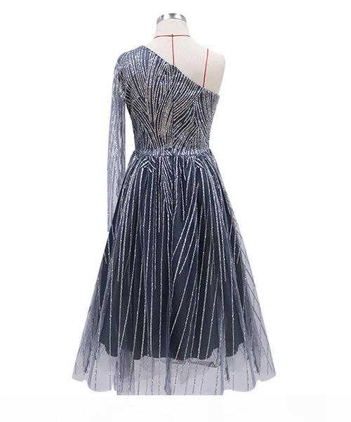 

elegant party shine dress one long sleeve pleated dress full swing cocktail midi a line dress women, Black;gray
