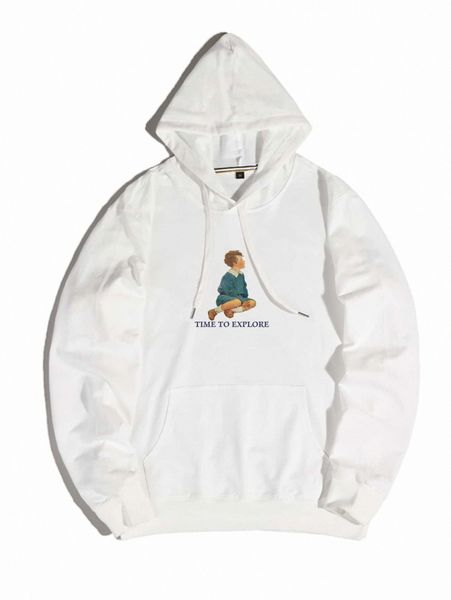 

men slogan and figure graphic drawstring hoodie 16bs#, Black