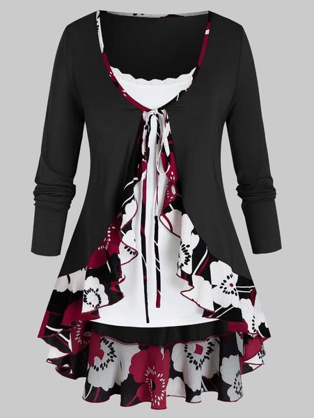 

rosegal plus size flower flounce tunic tie blouse and slim cami set casual long sleeve women fashion autumn loose shirt, White
