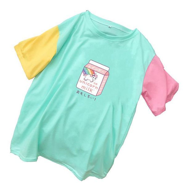 

women mulicolor patchwork cotton t shirts summer new casual tee shirt femme streetwear harajuku kawaii cartoon unicorn milk, White