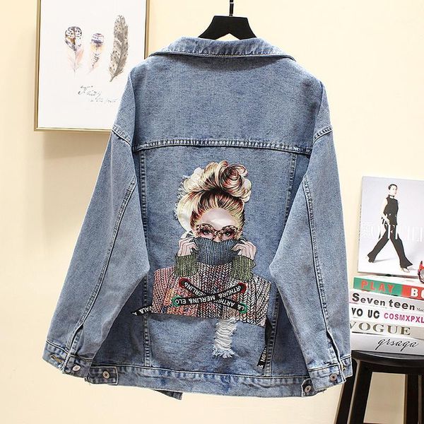 

women's jackets bf autumn harajuku printed frayed beading denim jacket loose casual jeans women coat outwear female 4 style1, Black;brown