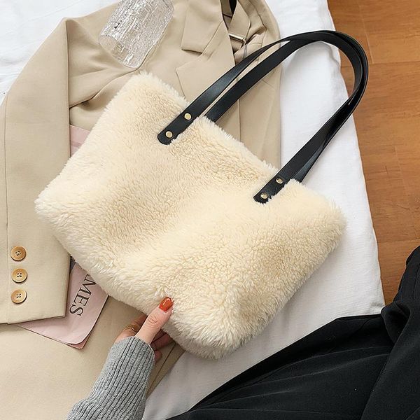 

shoulder bags lambswool for women 2021 winter totes soft plush faux fur handbags and purses lady casual high capacity hand bag