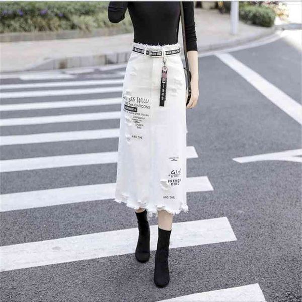 

women letter printing ripped denim skirts fashion high waist large size a-line hole jeans skirt s 5xl white saias j3188, Black