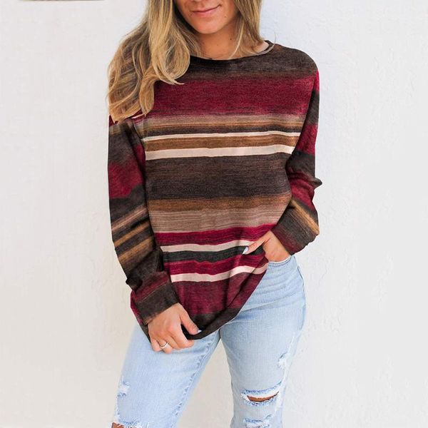 

multicolor striped printed t-shirt winter women casual long sleeve round neck t shirt fashion ladies tshirts magliette donna, White