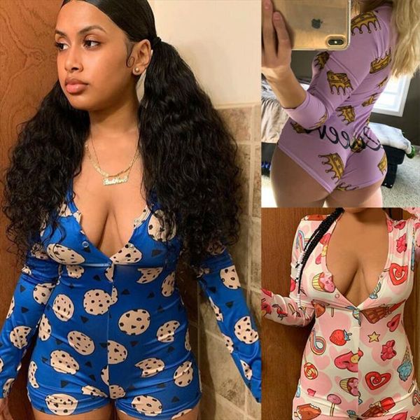 

2020 new womens cute print romper shorts pajama long sleeve v neck bodycon bodysuit jumpsuit playsuit leotard home wear, Black;white