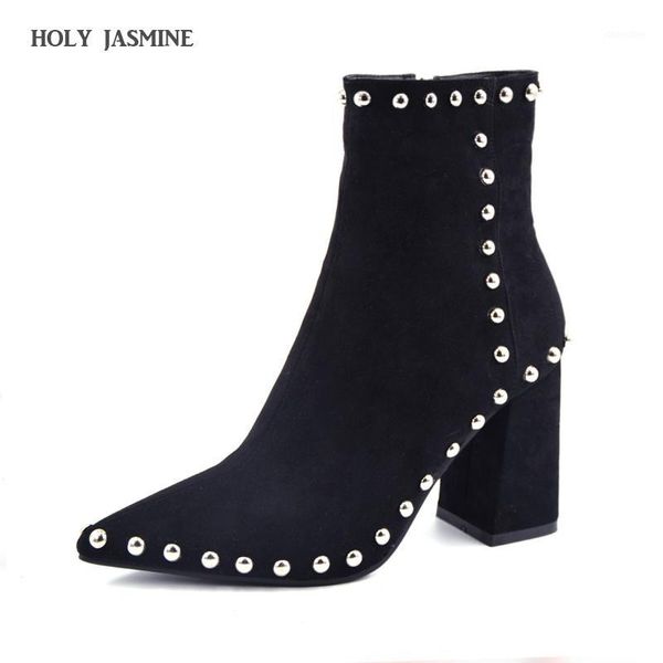 

boots 2021 autumn flock leather pointed toe medium heel women rivets high shoes ankle girls1, Black
