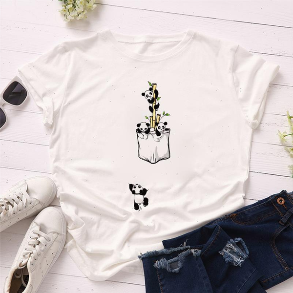 

2021 cute kawaii women t shirts summer short sleeve polyester panda print girls ladies streetwear t shirts dropshipping, White