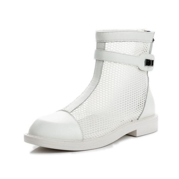 

лодыжка повседневная подлинная сплит кожаная ботинка обувь женщин летние сапоги полые плоские квадратные коренастые сапоги дышащие молнии ко, Black