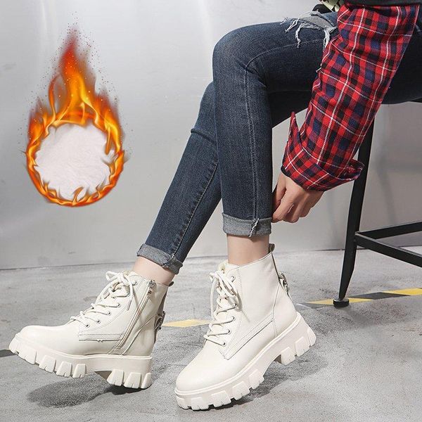 

2020 зимние бежевые кожаные сапоги женские платформы черные сапоги женские теплые плюшевые готические туфли панк лодыжки для женщин, Black