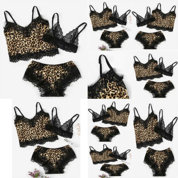 

women's high-grade satin underwear leopard lace pajamas three-piece suit, Black;white