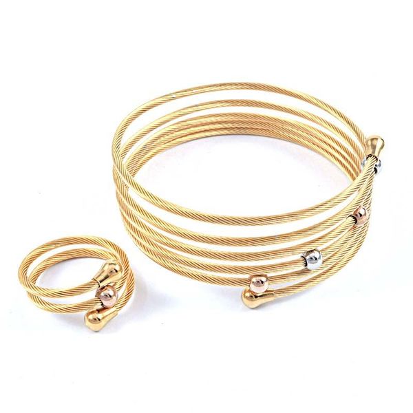 

fashion women multilayers cable color rose gold stainless steel beads charm twisted cable wire wrap bracelet ring jewelry sets, Silver