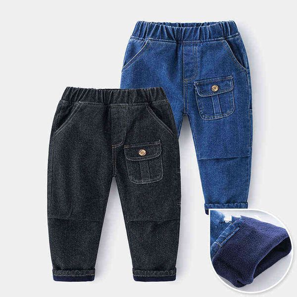 

2020 new arrival boys plus velvet jeans winter kids casual solid pocket denim pants fashion loose thicken warm trousers for boy g1220, Blue