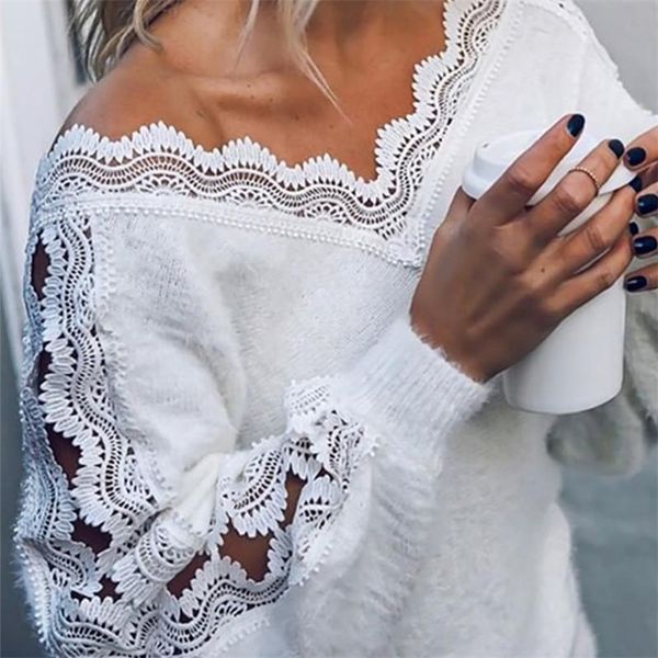 

white v-neck fringed women's sweater hollow out lace patchwork fluffy ladies sweaters 2020 spring winter fashion pullovers women lj2008, White;black