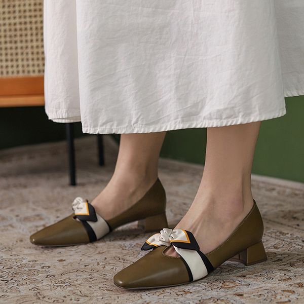 

2020 leather mix genuine butterfly-knot autumn female toe square foot middle handwork heel woman wedding-party shoes ienr, Black