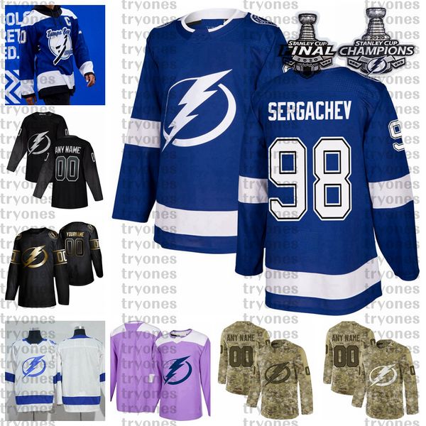 

2021 reverse retro customize 98 mikhail sergachev tampa bay lightning champions hockey jersey golden edition camo veterans day fights cancer, Black;red