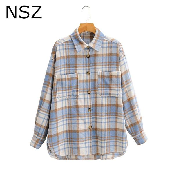 

nsz women oversized plaid blouse fall fashion checked shirt long sleeve turn down collar overshirt ladies coat blouse blusa, White
