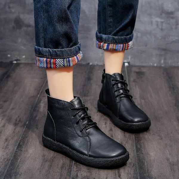 

2021 winter new women boots female genuine leather lace-up boots autumn women flat platform snow, Black