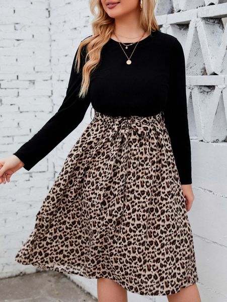 

plus leopard print belted dress p4cq#, Black