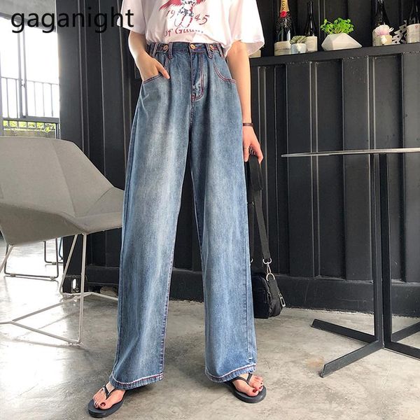 

women's jeans gaganight casual loose women fashion lady chic high waist wide leg pants vintage washed long floor trousers, Blue