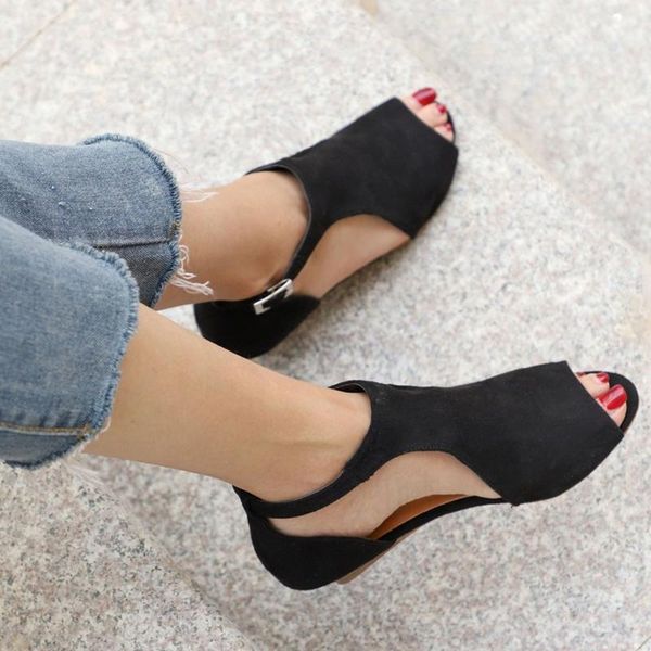 

2020 women shoes summer sandal woman leather wedge buckles sandals female peep toe fish mouth girls gladiator shoe plus size, Black