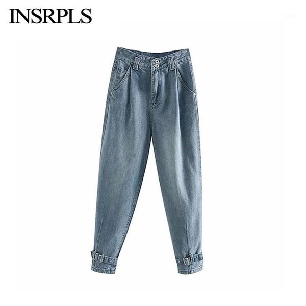 

insrpls women vintage stylish pleats high waist jeans women zipper adjustable tabbed hems denim pants female trouser jean1, Blue