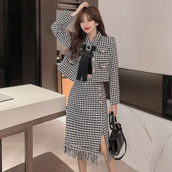 

two piece dress women casual skirt set with jacket korean fashion elegant plaid houndstooth crop suit lady spring autumn, White