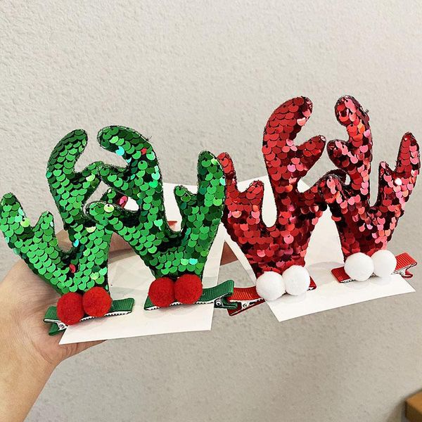 

hair accessories 2pcs/set girls cute christmas red sequins antlers clips lovely ornament headband hairpins fashion, Slivery;white