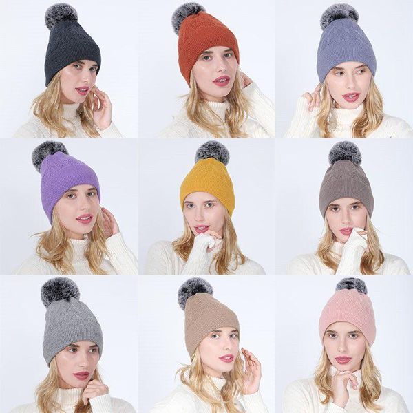 

autumn and winter fashionable plush knitted hat detachable wool ball warm wool hat, Blue;gray