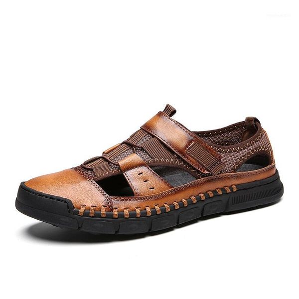 

summer business casual men's sandals men leather splice shoes outdoor male hand stitching wrapped toe beach sandal man shoes1, Black