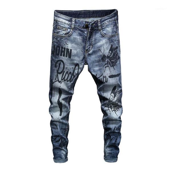 

kiovno fashion men's butterfly printed jeans pants slim blue denim trousers for male washed size 28-361