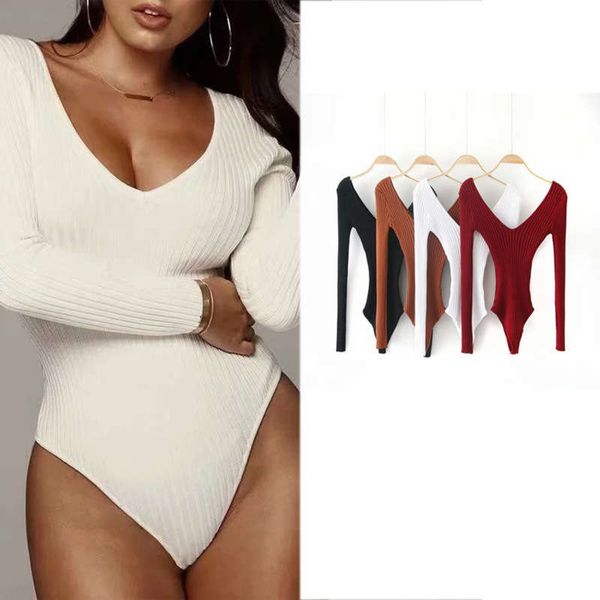 

trendy temperament deep v-neck long sleeve bodysuit women's autumn new fashion open back top, Black;gray