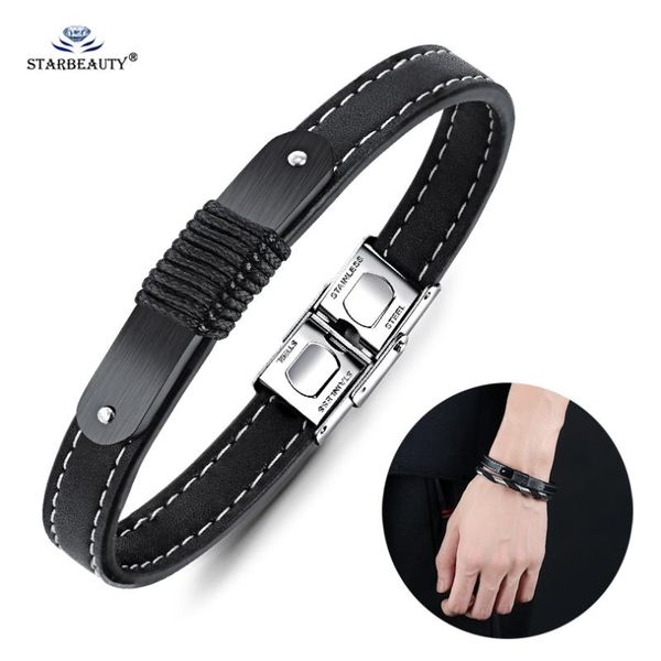 

starbeauty sipmle vintage black leather bracelet men stainless steel bracelets bangles male boyfriend husband jewelry cool gift, Golden;silver