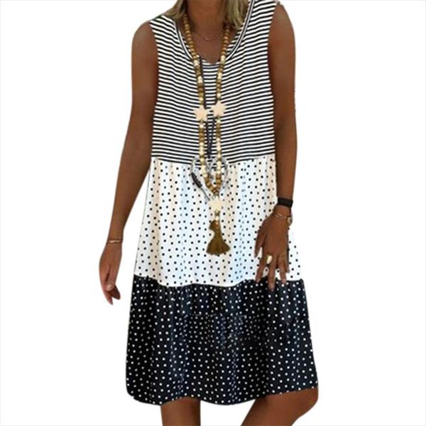 

large size dress for women summer 2020 casual loose striped dot printed dresses ladies leisure v neck sleeveless vestidos, Black;gray