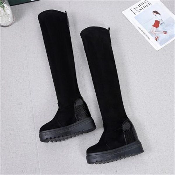 

long boots round toe over the knee women boots autumn winter wedge heel fashion casual women shoes flock stretch boot, Black