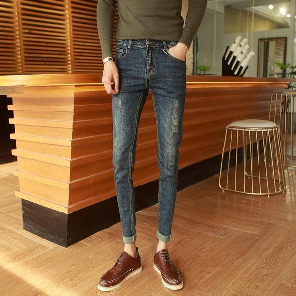 

2020 spring new nightclub jeans tide male hair stylist korean version of slim handsome tight elastic feet pants1, Blue