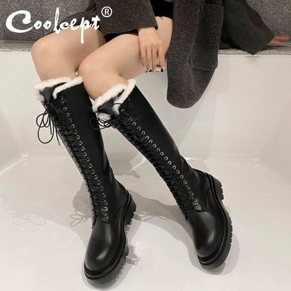 

coolcept women knee boots warm fur fashion platform zipper winter shoes women high heel snow boot thick fur footwear size 34-43, Black